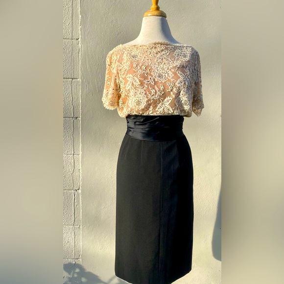 Vtg 60s Black Ivory Floral Lace Cocktail Dress Rhinestone Sz S Handmade As Is - Picture 1 of 13